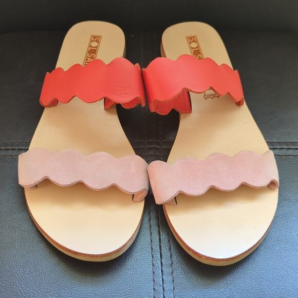 Sol Sana Wave Slide Leather Two Tone Flip Flop Comfy Beach Vacation Sandals - Picture 2 of 6